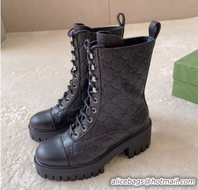 Stylish Gucci GG Leather Lace-up Ankle Boots 6cm Black 1021072