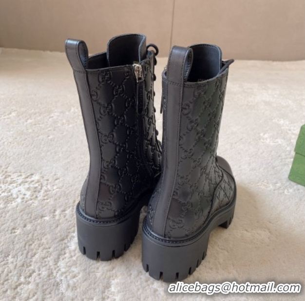 Stylish Gucci GG Leather Lace-up Ankle Boots 6cm Black 1021072