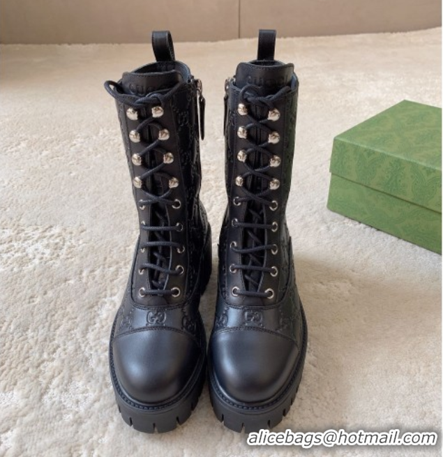 Stylish Gucci GG Leather Lace-up Ankle Boots 6cm Black 1021072