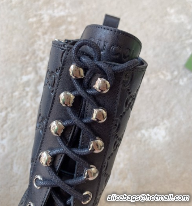 Stylish Gucci GG Leather Lace-up Ankle Boots 6cm Black 1021072