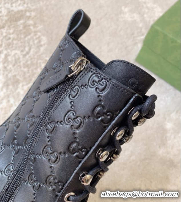 Stylish Gucci GG Leather Lace-up Ankle Boots 6cm Black 1021072