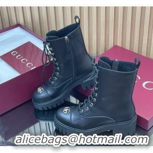 Discount Gucci Calf Leather Lace-up Ankle Boots 6cm with GG 1021073