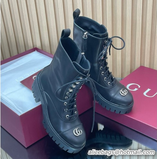 Discount Gucci Calf Leather Lace-up Ankle Boots 6cm with GG 1021073