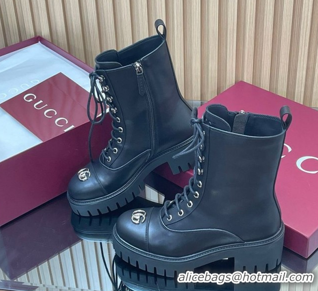Discount Gucci Calf Leather Lace-up Ankle Boots 6cm with GG 1021073