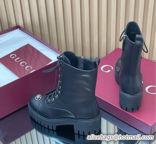 Discount Gucci Calf Leather Lace-up Ankle Boots 6cm with GG 1021073
