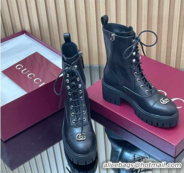 Discount Gucci Calf Leather Lace-up Ankle Boots 6cm with GG 1021073