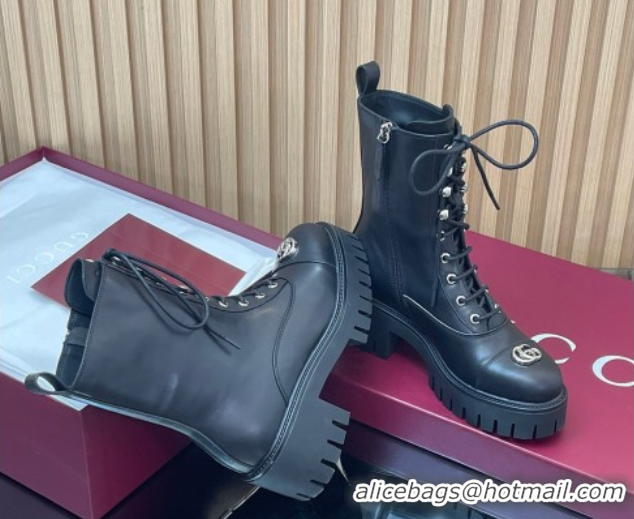 Discount Gucci Calf Leather Lace-up Ankle Boots 6cm with GG 1021073