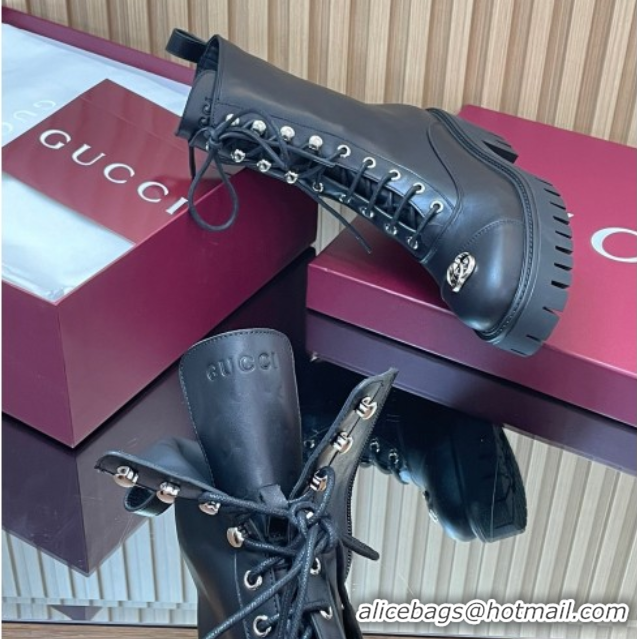 Discount Gucci Calf Leather Lace-up Ankle Boots 6cm with GG 1021073