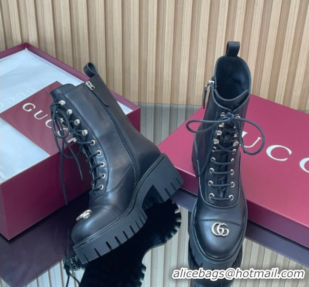 Discount Gucci Calf Leather Lace-up Ankle Boots 6cm with GG 1021073