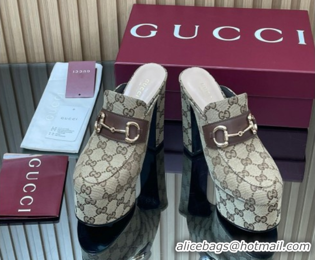Top Design Gucci GG Canvas Platform Mule 13.5cm with Horsebit 835315 Beige 2025