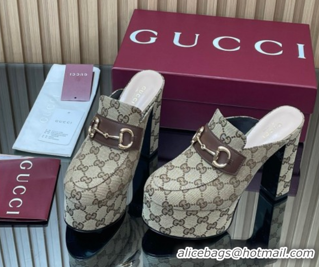 Top Design Gucci GG Canvas Platform Mule 13.5cm with Horsebit 835315 Beige 2025