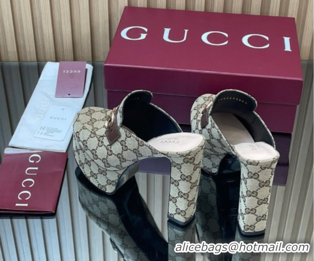 Top Design Gucci GG Canvas Platform Mule 13.5cm with Horsebit 835315 Beige 2025