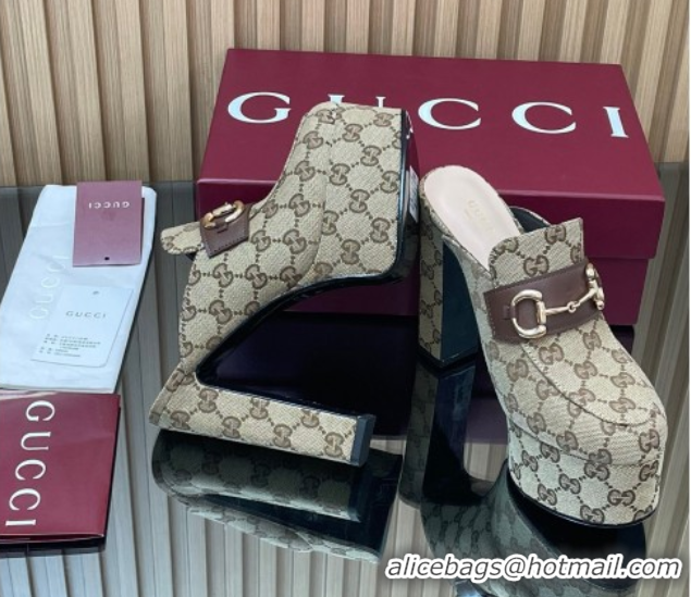 Top Design Gucci GG Canvas Platform Mule 13.5cm with Horsebit 835315 Beige 2025