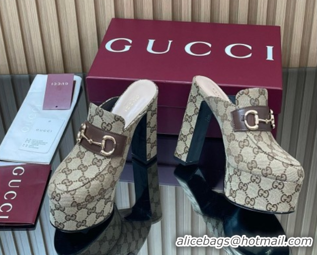 Top Design Gucci GG Canvas Platform Mule 13.5cm with Horsebit 835315 Beige 2025