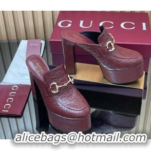 Luxury Cheap Gucci GG Leather Platform Mule 13.5cm with Horsebit 835315 Burgundy 2025
