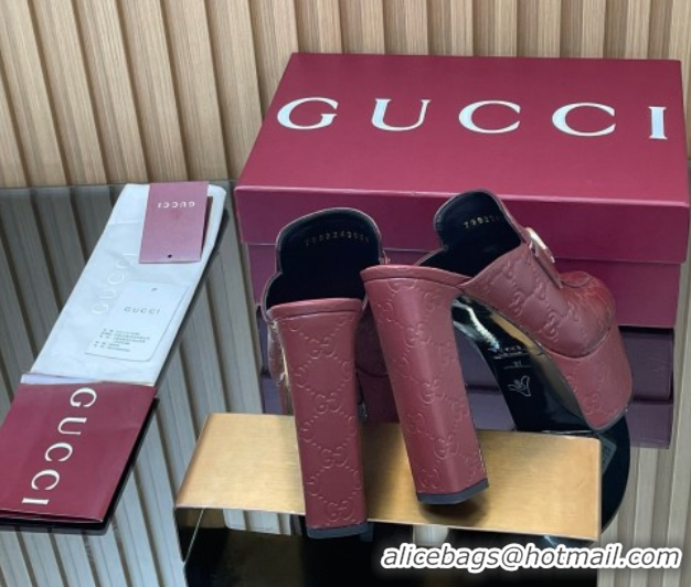 Luxury Cheap Gucci GG Leather Platform Mule 13.5cm with Horsebit 835315 Burgundy 2025