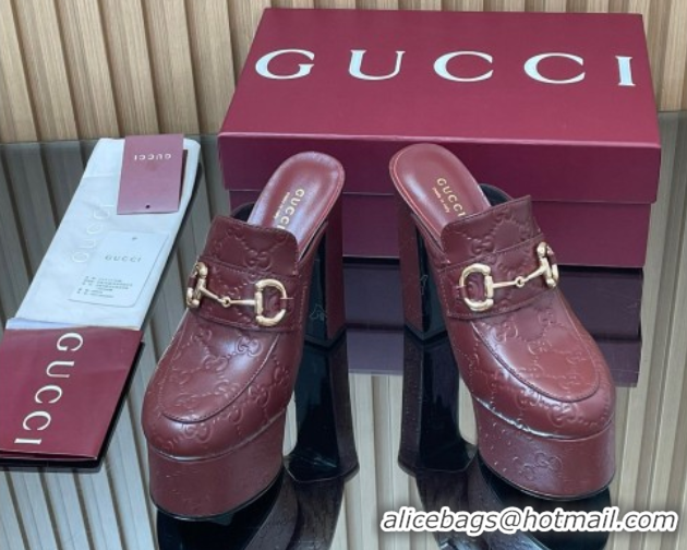 Luxury Cheap Gucci GG Leather Platform Mule 13.5cm with Horsebit 835315 Burgundy 2025