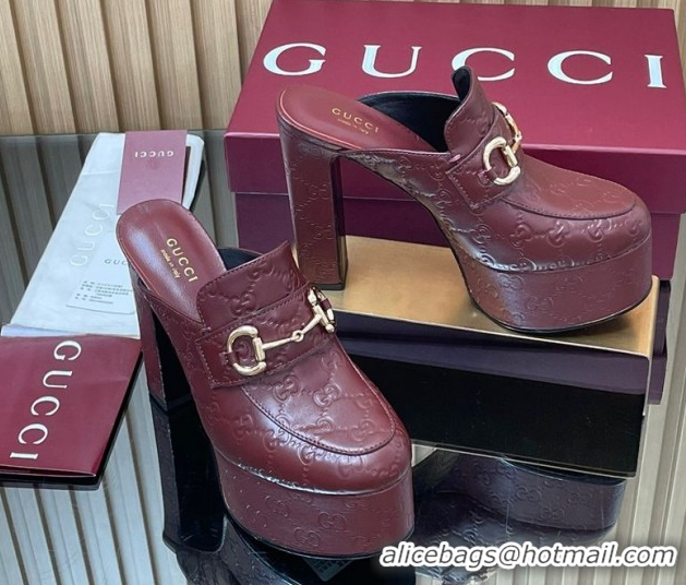 Luxury Cheap Gucci GG Leather Platform Mule 13.5cm with Horsebit 835315 Burgundy 2025