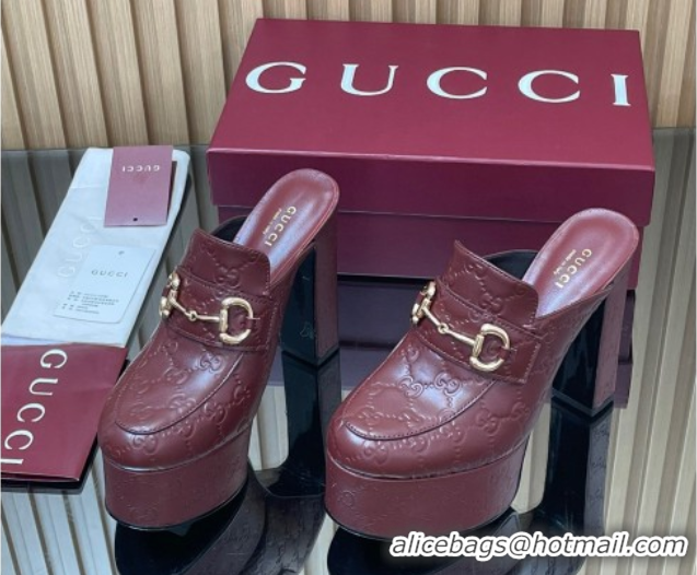 Luxury Cheap Gucci GG Leather Platform Mule 13.5cm with Horsebit 835315 Burgundy 2025