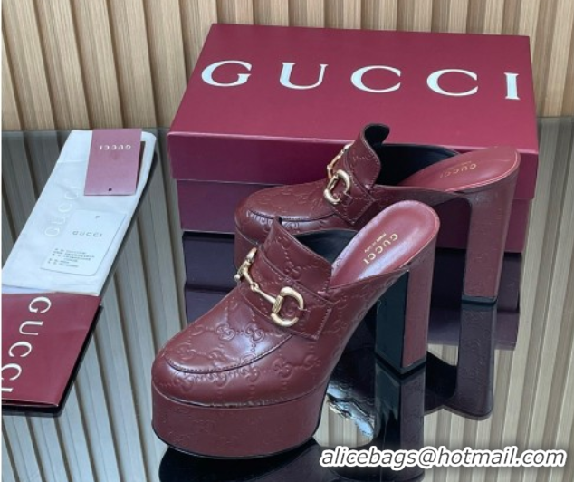 Luxury Cheap Gucci GG Leather Platform Mule 13.5cm with Horsebit 835315 Burgundy 2025