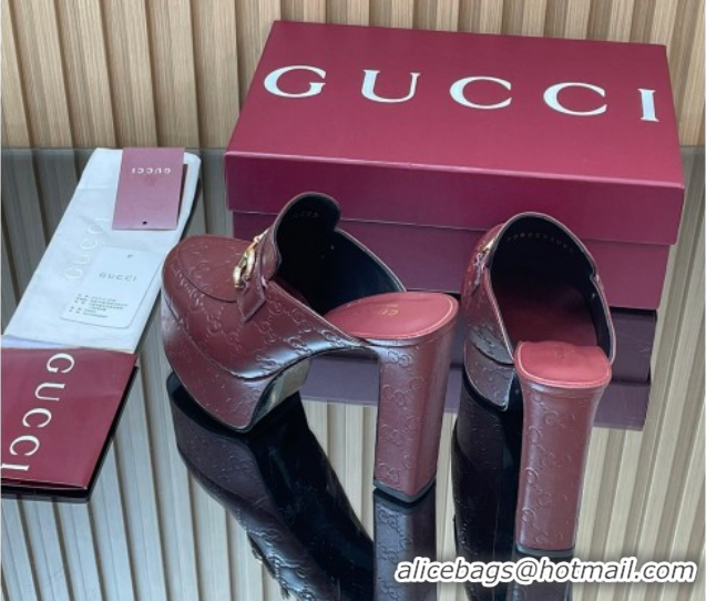 Luxury Cheap Gucci GG Leather Platform Mule 13.5cm with Horsebit 835315 Burgundy 2025
