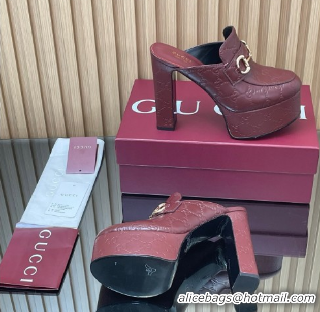 Luxury Cheap Gucci GG Leather Platform Mule 13.5cm with Horsebit 835315 Burgundy 2025