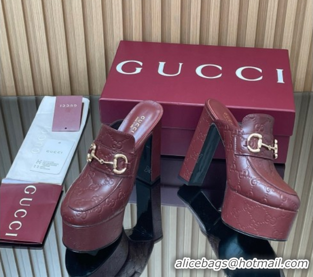 Luxury Cheap Gucci GG Leather Platform Mule 13.5cm with Horsebit 835315 Burgundy 2025