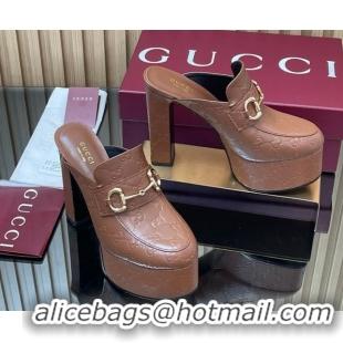  Charming Gucci GG Leather Platform Mule 13.5cm with Horsebit 835315 Brown 2025