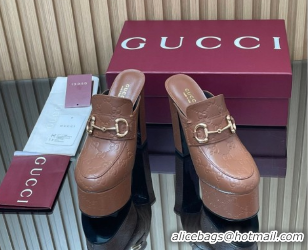  Charming Gucci GG Leather Platform Mule 13.5cm with Horsebit 835315 Brown 2025