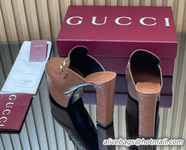  Charming Gucci GG Leather Platform Mule 13.5cm with Horsebit 835315 Brown 2025
