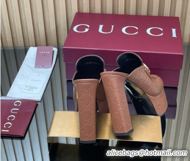  Charming Gucci GG Leather Platform Mule 13.5cm with Horsebit 835315 Brown 2025