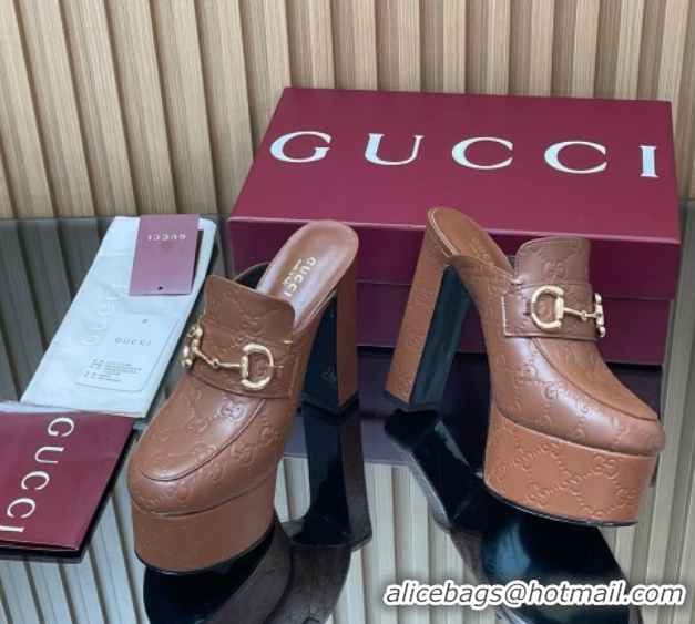  Charming Gucci GG Leather Platform Mule 13.5cm with Horsebit 835315 Brown 2025