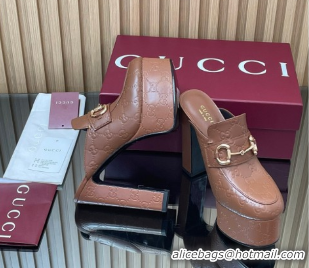  Charming Gucci GG Leather Platform Mule 13.5cm with Horsebit 835315 Brown 2025
