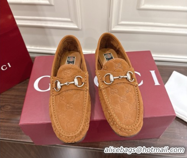 1:1 aaaaa Gucci Gigi Loafers in GG Suede with Horsebit Brown 1021083