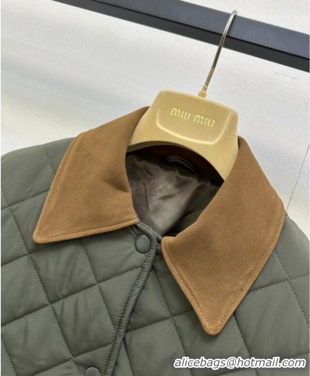 Top Grade Miu Miu Quilted Padded Jacket with Lamb Leather Suede MM101423 Green 2025