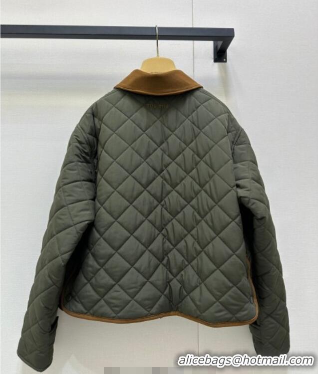 Top Grade Miu Miu Quilted Padded Jacket with Lamb Leather Suede MM101423 Green 2025