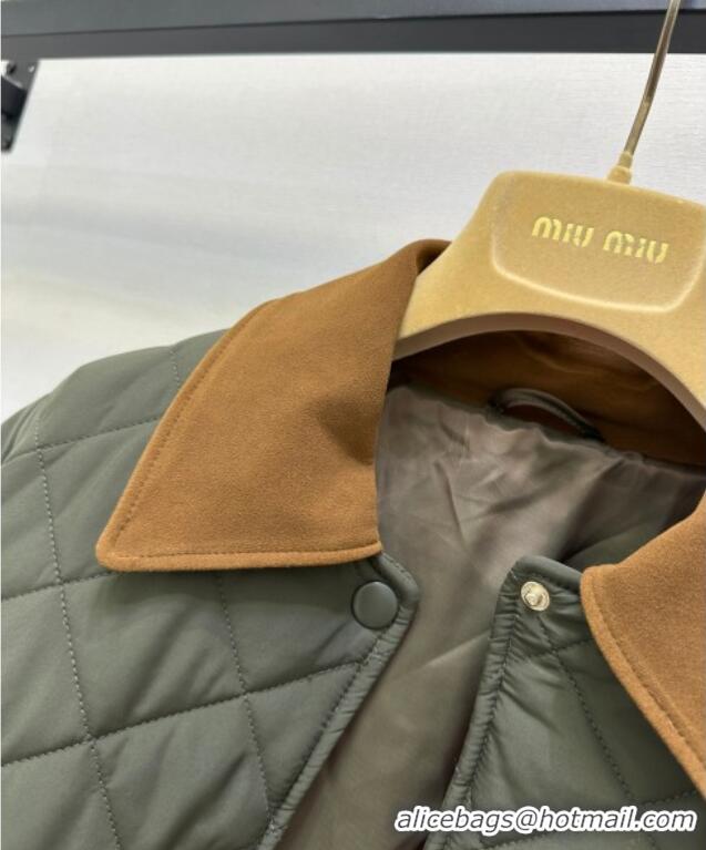 Top Grade Miu Miu Quilted Padded Jacket with Lamb Leather Suede MM101423 Green 2025