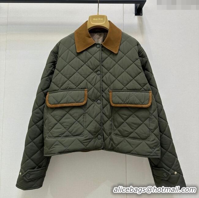 Top Grade Miu Miu Quilted Padded Jacket with Lamb Leather Suede MM101423 Green 2025