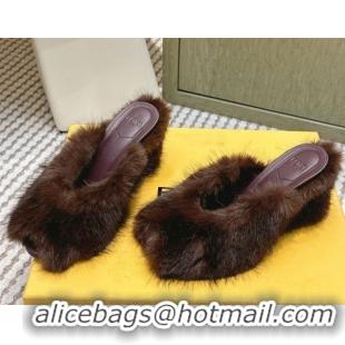 Stylish Fendi Arco Wedge Mules 7.5cm in Rabbit Fur Brown 1030001