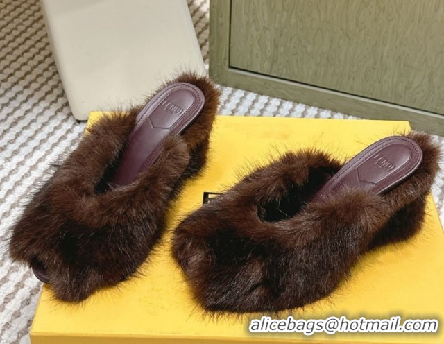 Stylish Fendi Arco Wedge Mules 7.5cm in Rabbit Fur Brown 1030001