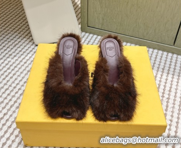 Stylish Fendi Arco Wedge Mules 7.5cm in Rabbit Fur Brown 1030001