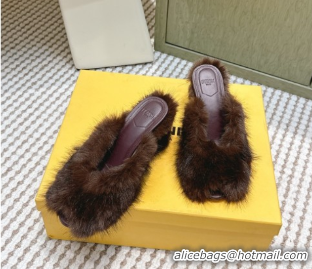 Stylish Fendi Arco Wedge Mules 7.5cm in Rabbit Fur Brown 1030001