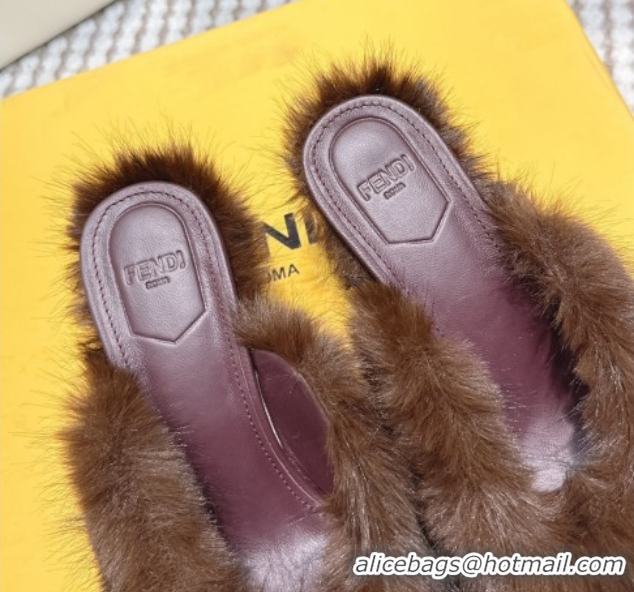 Stylish Fendi Arco Wedge Mules 7.5cm in Rabbit Fur Brown 1030001