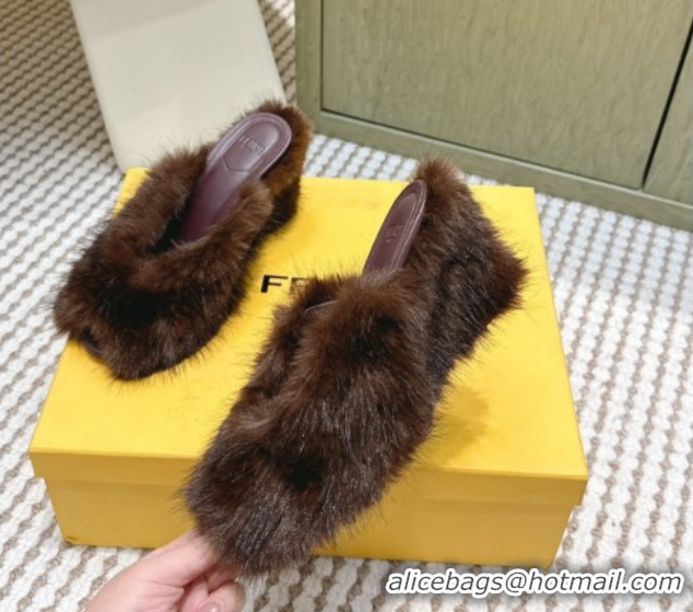 Stylish Fendi Arco Wedge Mules 7.5cm in Rabbit Fur Brown 1030001