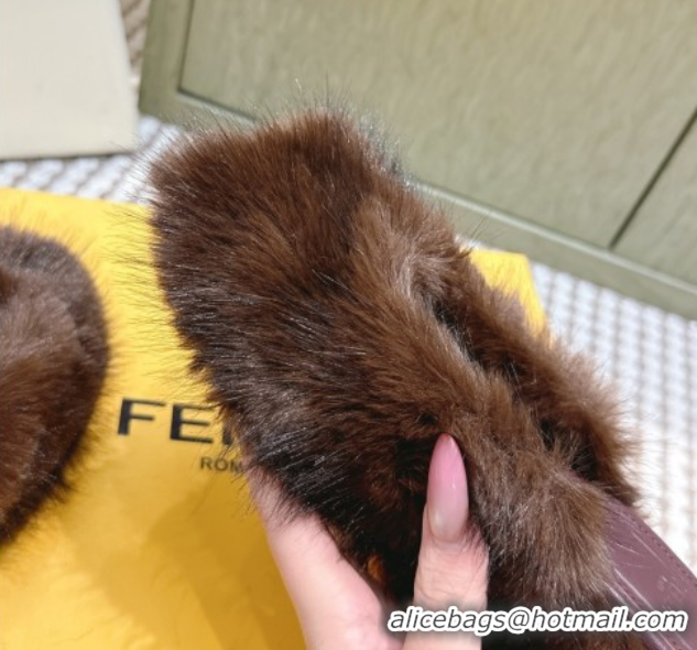 Stylish Fendi Arco Wedge Mules 7.5cm in Rabbit Fur Brown 1030001