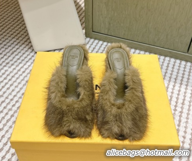Purchase Fendi Arco Wedge Mules 7.5cm in Rabbit Fur Green 1030002