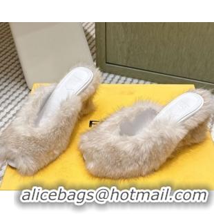 Shoulder Carry Fendi Arco Wedge Mules 7.5cm in Rabbit Fur White 1030003