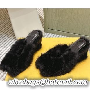 Classic Hot Fendi Arco Wedge Mules 7.5cm in Rabbit Fur Black 1030004