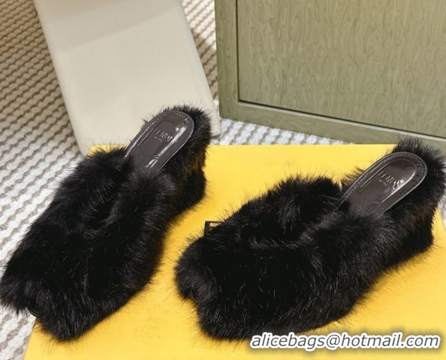 Classic Hot Fendi Arco Wedge Mules 7.5cm in Rabbit Fur Black 1030004
