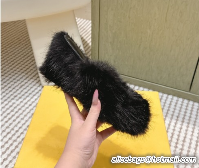 Classic Hot Fendi Arco Wedge Mules 7.5cm in Rabbit Fur Black 1030004